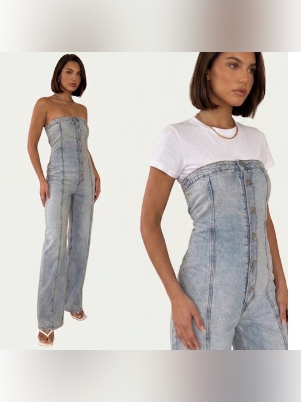 ZARA - women’s Denim strapless light wash blue jeans jumpsuit wide leg cotton M - Picture 2 of 11